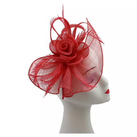 Gauze Rose Fascinator with A Tear Drop Veil and Curled Feathers
