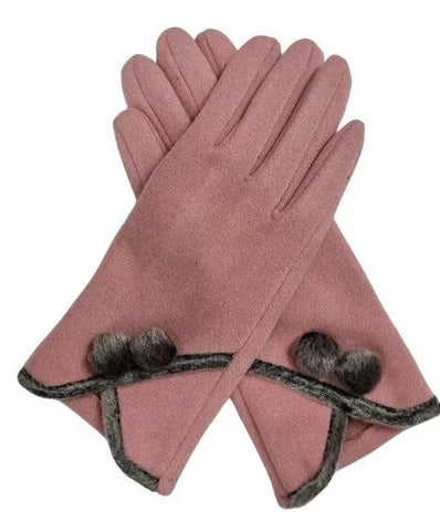 Women's Winter Warm Gloves Soft Fur Lined Faux Suede Pom Pom Thick Touchscreen Gloves