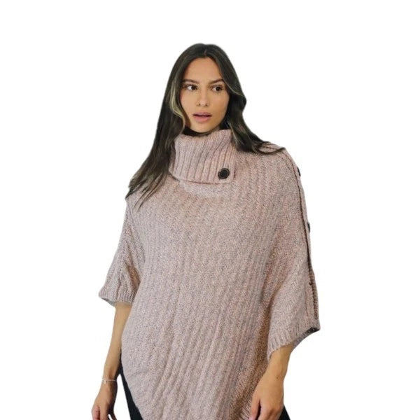 Women's Luxury Aran Cowl Neck Poncho Buttons Details Soft Cozy Winter Warm Wrap