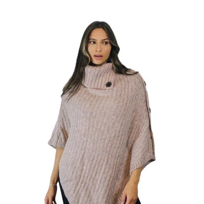 Women's Luxury Aran Cowl Neck Poncho Buttons Details Soft Cozy Winter Warm Wrap
