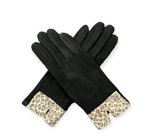 Women's Faux Suede Gloves Leopard Print Cuffs Fleece Winter Warm Cosy Gloves