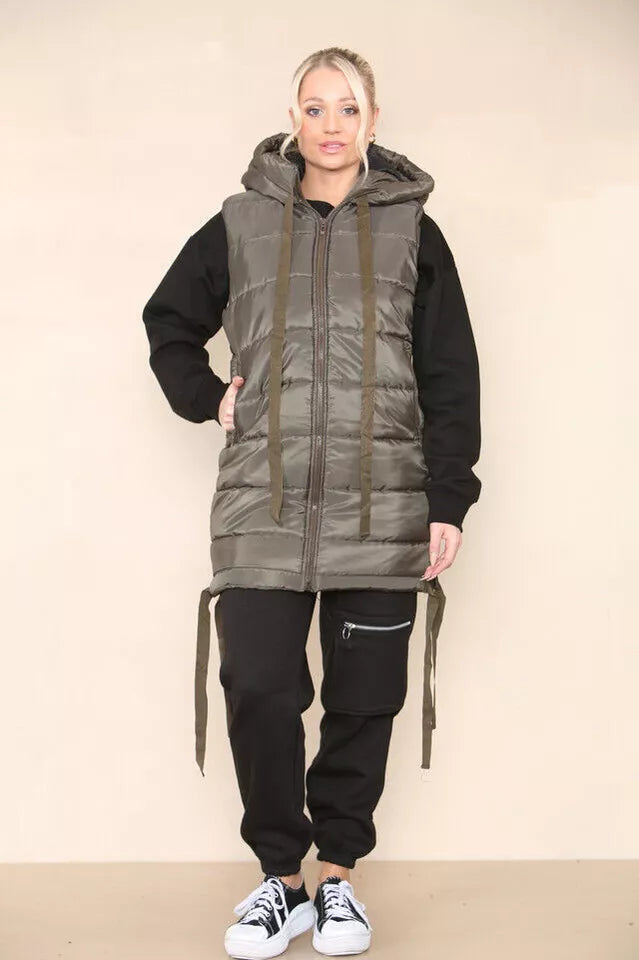 Women's Side Tassel Hooded Puffer Gilet Jacket Padded Waistcoat Body Warmer Side Pockets