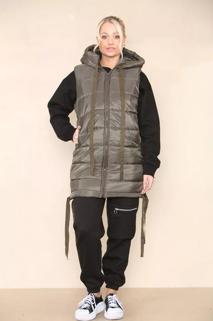Women's Side Tassel Hooded Puffer Gilet Jacket Padded Waistcoat Body Warmer Side Pockets