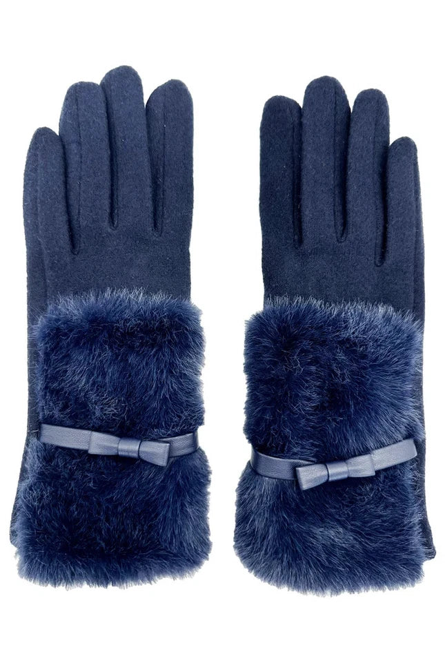 Women Soft Fuzzy Plain Gloves Faux Fur Cuffs with Ribbon Bow Touch Screen Ladies Fashion Gloves