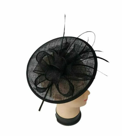 Sinamay Round Fascinator Headband Clip with feathers & Flower Detailing Wedding Hatinator