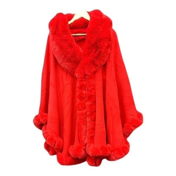 Women's Luxury Faux Fur Poncho Fleece Soft Faux Fur Collar & Cuffs Celebrity Style Warm Cape Shawl Wrap