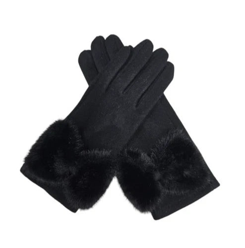 Women's Plain Winter Gloves Faux Fur Cuffs Bow Soft Comfy Lined Touch Screen Gloves