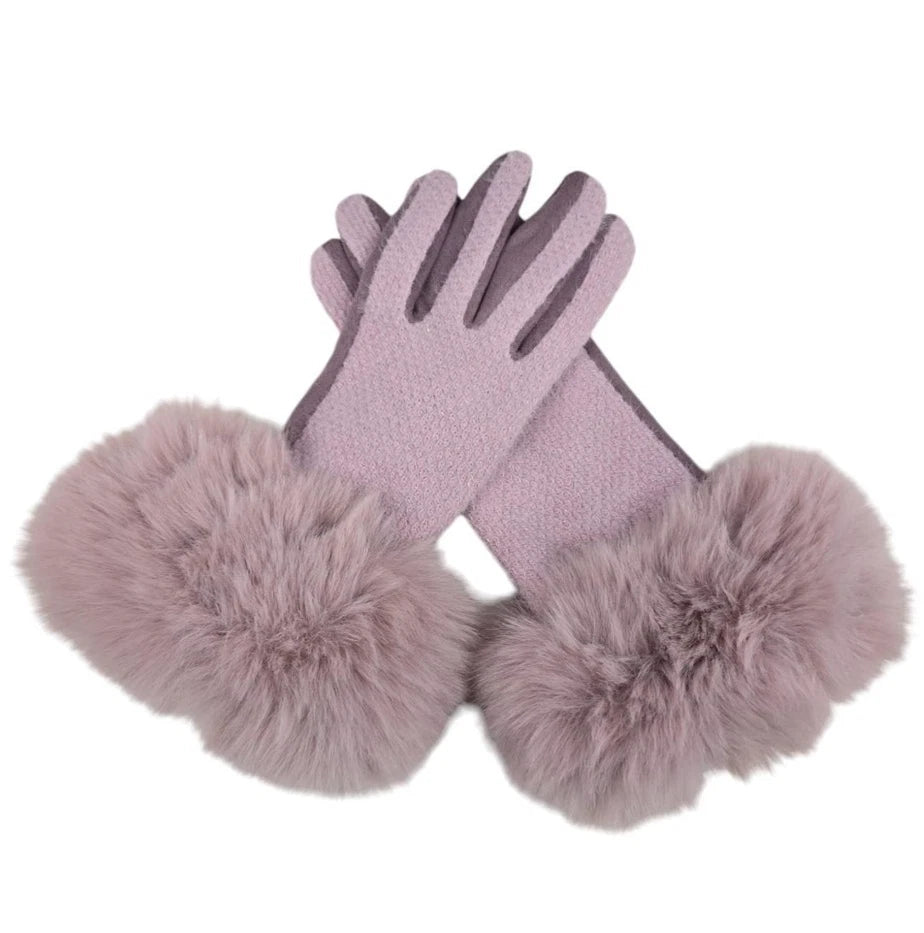 Women's Winter Round Faux Fur Gloves Cashmere Blend Gloves Soft Warm Fleece Touchscreen