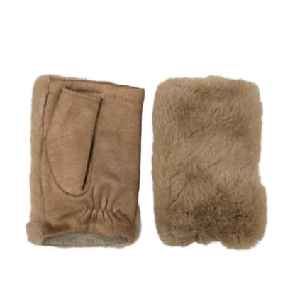 Women's Winter Fingerless Faux Suede Fur Gloves Mittens Soft Warm Fleece Lined UK