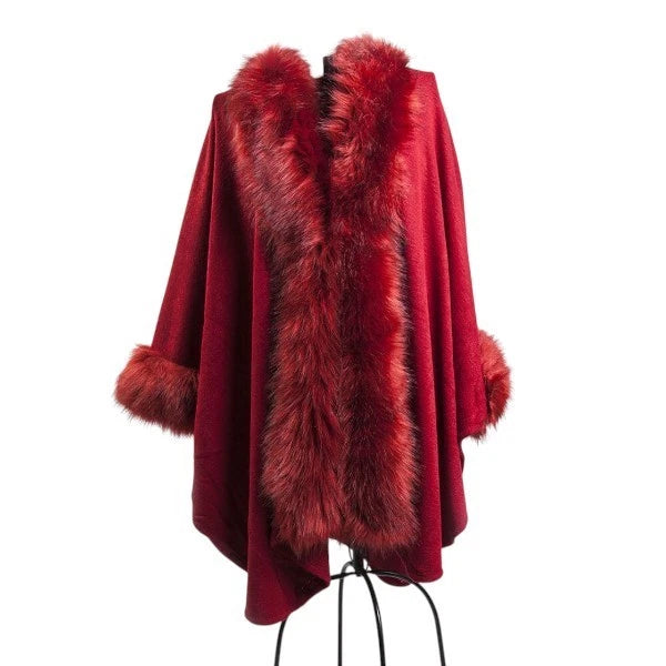 Womens Luxury Faux Fur Poncho Fleece Faux Fur Collar & Cuffs Ladies Layered Winter Warm Wrap Cape Shawl Coat