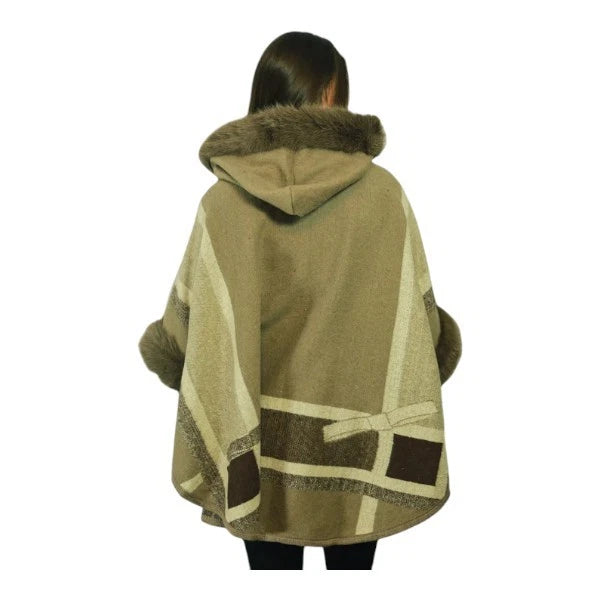 Women's Faux Fur Trim Hooded Cape Poncho Ladies Warm Wrap Shawl Jacket Cloak Coat UK