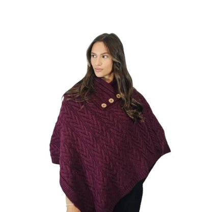 Women's Luxury Aran Cable Knit Poncho Button Neck Warm Winter Cape Shawl Wrap
