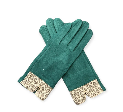 Women's Faux Suede Gloves Leopard Print Cuffs Fleece Winter Warm Cosy Gloves