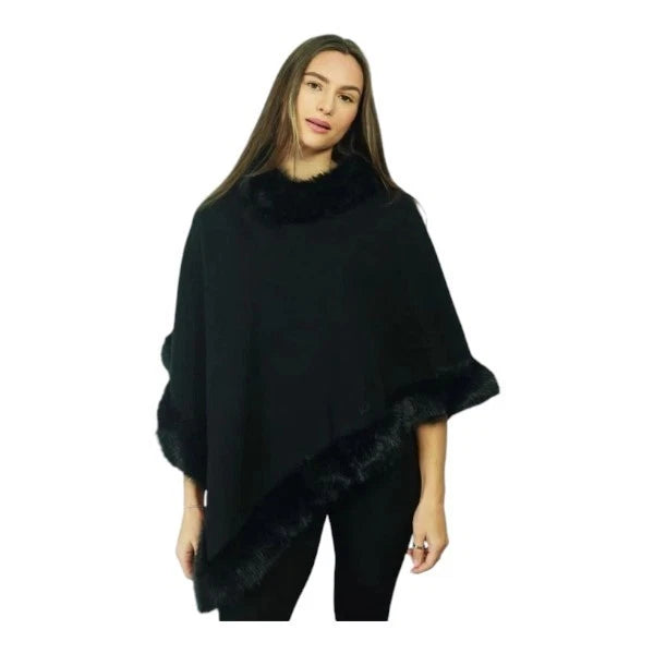 Women's Soft Cozy Stylish Poncho with Faux Fur Trim Winter Warm Ladies Cape Coat Wrap UK
