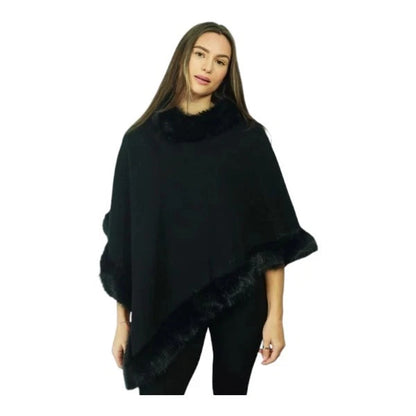 Women's Soft Cozy Stylish Poncho with Faux Fur Trim Winter Warm Ladies Cape Coat Wrap UK