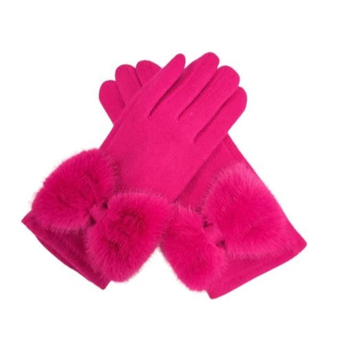 Women's Plain Winter Gloves Faux Fur Cuffs Bow Soft Comfy Lined Touch Screen Gloves