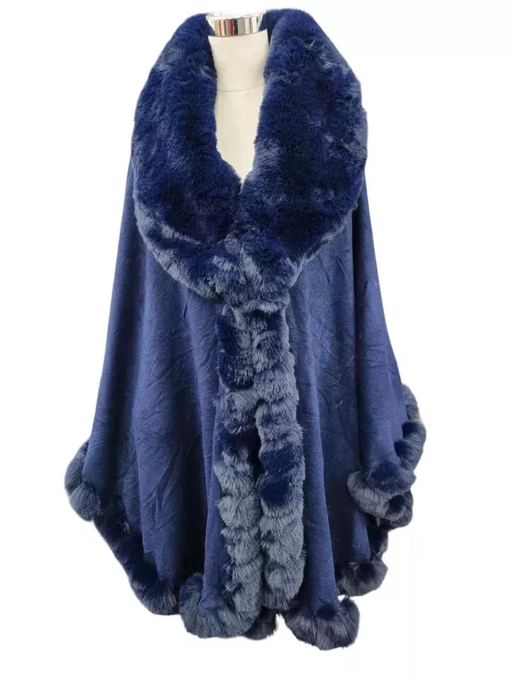 Women's Luxury Soft Faux Fur Cape Poncho Fleece Faux Fur Collar and Cuffs Knit Cape Wrap Shawl