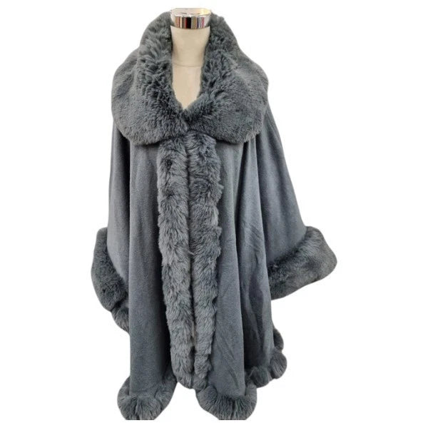 Women's Luxury Faux Fur Poncho Fleece Soft Faux Fur Collar & Cuffs Celebrity Style Warm Cape Shawl Wrap
