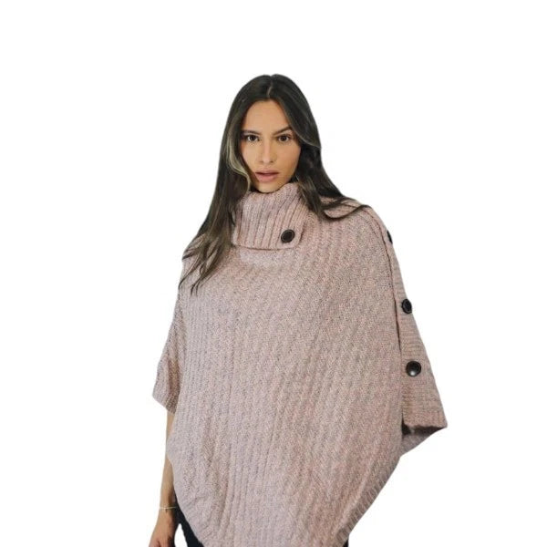 Women's Luxury Aran Cowl Neck Poncho Buttons Details Soft Cozy Winter Warm Wrap