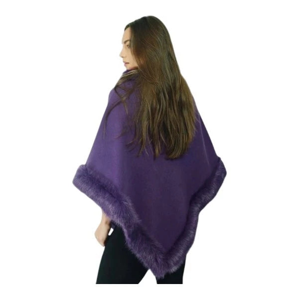 Women's Soft Cozy Stylish Poncho with Faux Fur Trim Winter Warm Ladies Cape Coat Wrap UK