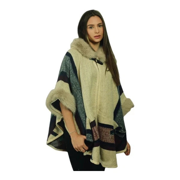 Women's Faux Fur Trim Hooded Cape Poncho Ladies Warm Wrap Shawl Jacket Cloak Coat UK