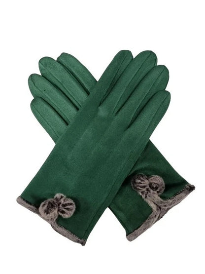 Women's Winter Fashion Gloves Fleece Faux Suede Gloves Warm Thermal Soft Lined Fur Pom Pom Gloves