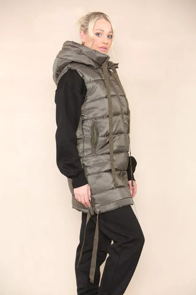 Women's Side Tassel Hooded Puffer Gilet Jacket Padded Waistcoat Body Warmer Side Pockets