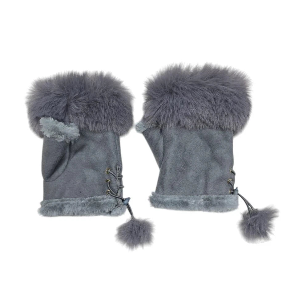 Women Ladies Winter Fur Fingerless Gloves Mittens Soft Warm Fleece Lined UK