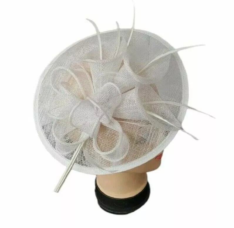 Sinamay Round Fascinator Headband Clip with feathers & Flower Detailing Wedding Hatinator