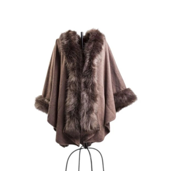 Womens Luxury Faux Fur Poncho Fleece Faux Fur Collar & Cuffs Ladies Layered Winter Warm Wrap Cape Shawl Coat
