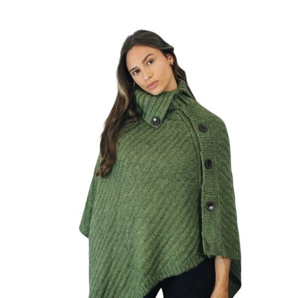 Women's Luxury Aran Cowl Neck Poncho Buttons Details Soft Cozy Winter Warm Wrap