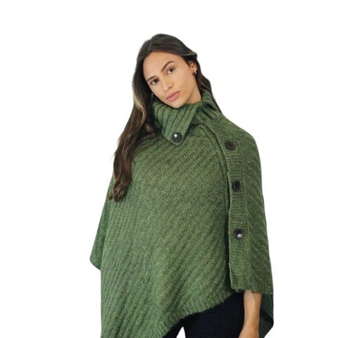 Women's Luxury Aran Cowl Neck Poncho Buttons Details Soft Cozy Winter Warm Wrap