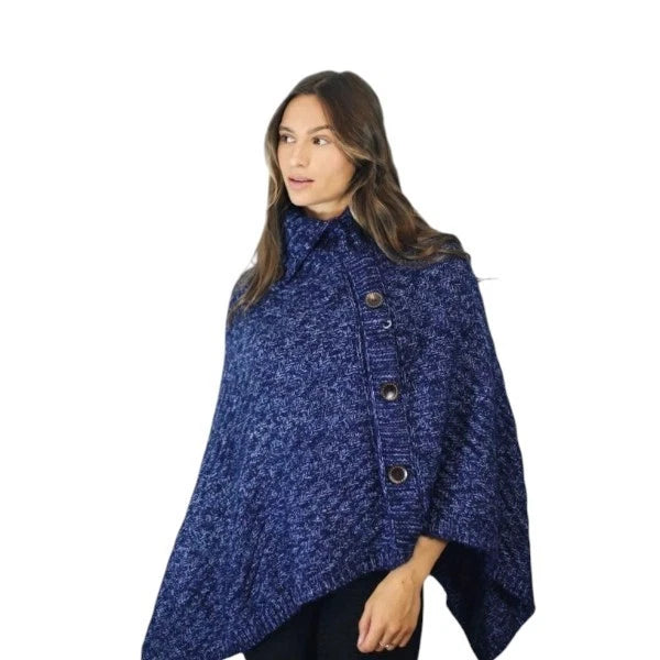 Women's Luxury Aran Cowl Neck Poncho Buttons Details Soft Cozy Winter Warm Wrap