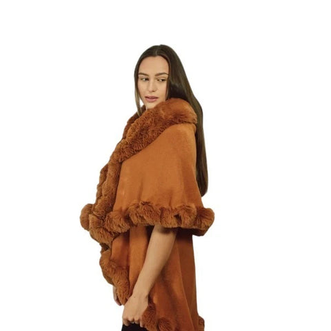 Womens Soft Double Layered Poncho Fleece Faux Fur Collar & Cuffs Ladies Luxury Poncho Cape Shawl Wrap