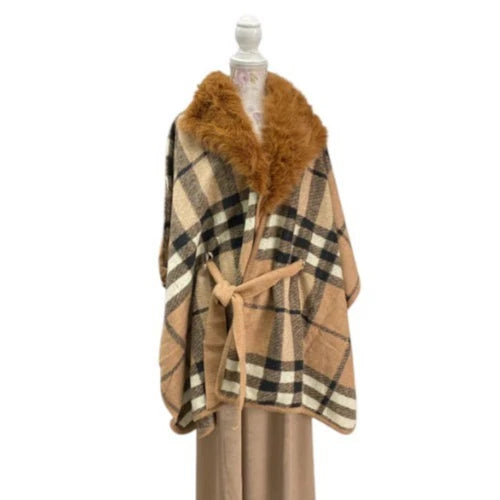 Women's Warm Winter Poncho Soft Fleece Faux Fur Collar Ladies Cape Shawl Wrap