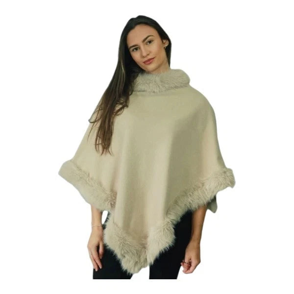 Women's Soft Cozy Stylish Poncho with Faux Fur Trim Winter Warm Ladies Cape Coat Wrap UK