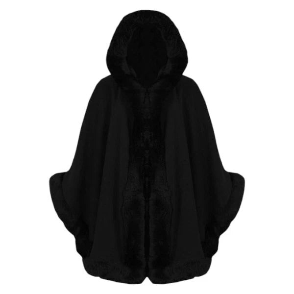 Womens Luxury Faux Fur Poncho Fleece Faux Fur Collar & Cuffs Ladies Layered Winter Warm Wrap Cape Shawl Coat