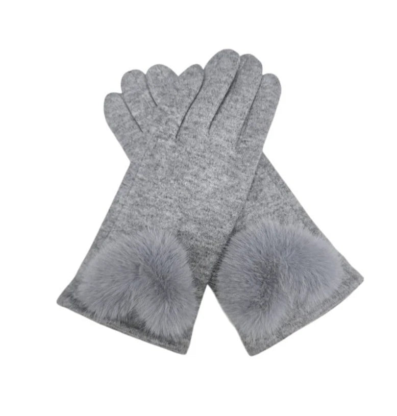 Women's Winter Gloves Soft Fur Pompom Cashmere Blend Ladies Fashion Plain Gloves