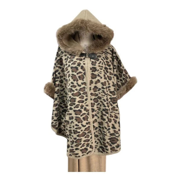 Women's Faux Fur Trim Hooded Cape Poncho Ladies Warm Wrap Shawl Jacket Cloak Coat UK