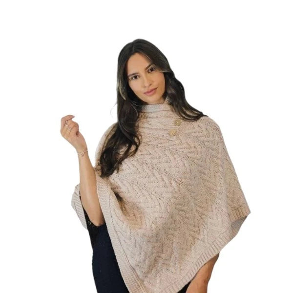 Women's Luxury Aran Cable Knit Poncho Button Neck Warm Winter Cape Shawl Wrap