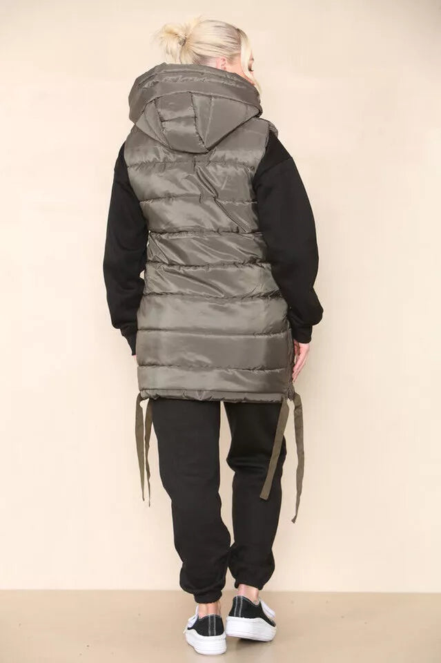 Women's Side Tassel Hooded Puffer Gilet Jacket Padded Waistcoat Body Warmer Side Pockets