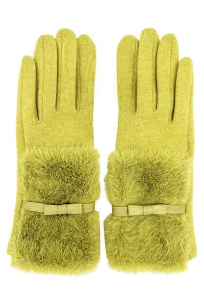 Women Soft Fuzzy Plain Gloves Faux Fur Cuffs with Ribbon Bow Touch Screen Ladies Fashion Gloves