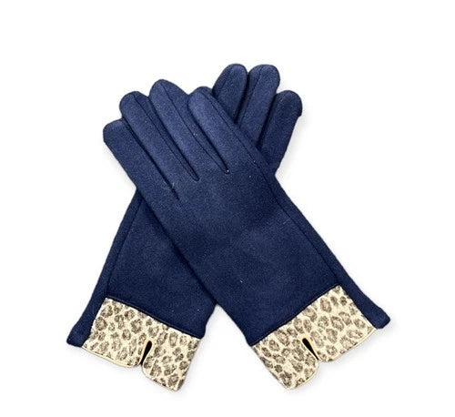 Women's Faux Suede Gloves Leopard Print Cuffs Fleece Winter Warm Cosy Gloves