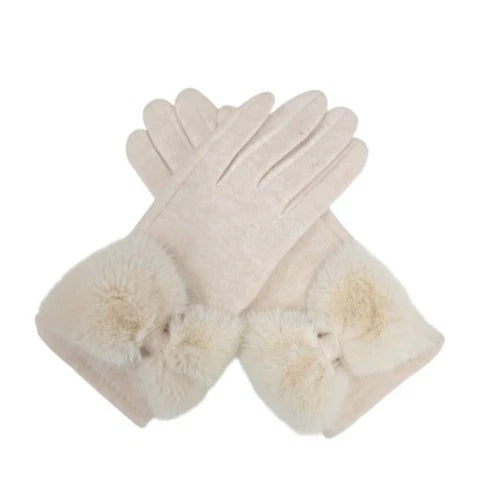 Women's Plain Winter Gloves Faux Fur Cuffs Bow Soft Comfy Lined Touch Screen Gloves