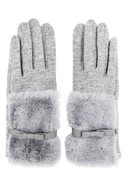 Women Soft Fuzzy Plain Gloves Faux Fur Cuffs with Ribbon Bow Touch Screen Ladies Fashion Gloves