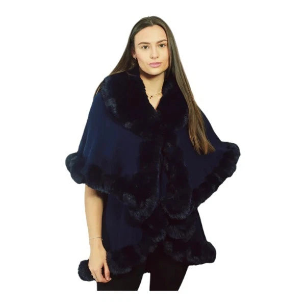 Womens Soft Double Layered Poncho Fleece Faux Fur Collar & Cuffs Ladies Luxury Poncho Cape Shawl Wrap