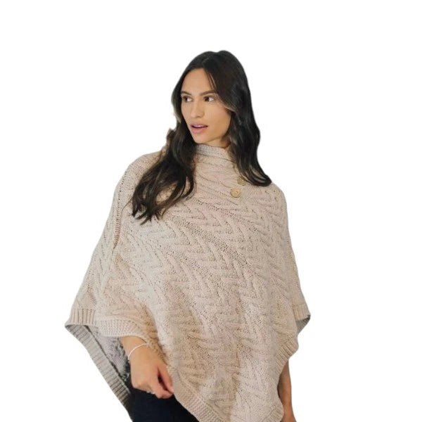 Women's Luxury Aran Cable Knit Poncho Button Neck Warm Winter Cape Shawl Wrap