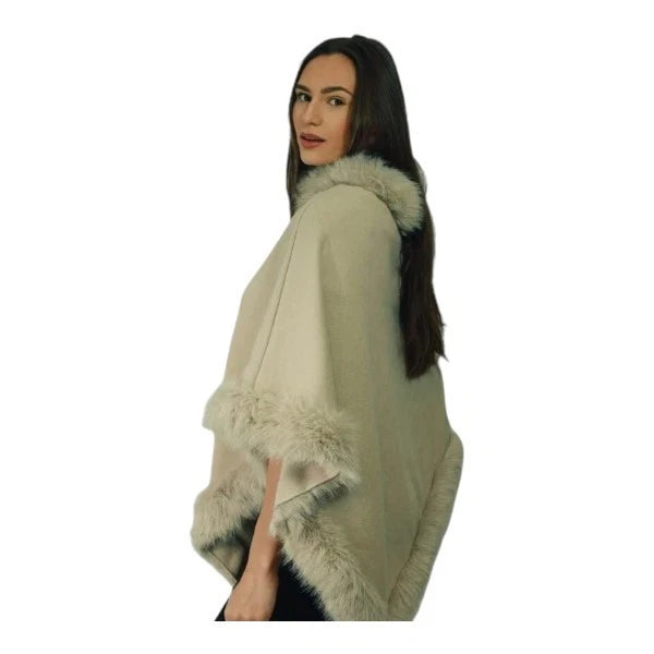 Women's Soft Cozy Stylish Poncho with Faux Fur Trim Winter Warm Ladies Cape Coat Wrap UK