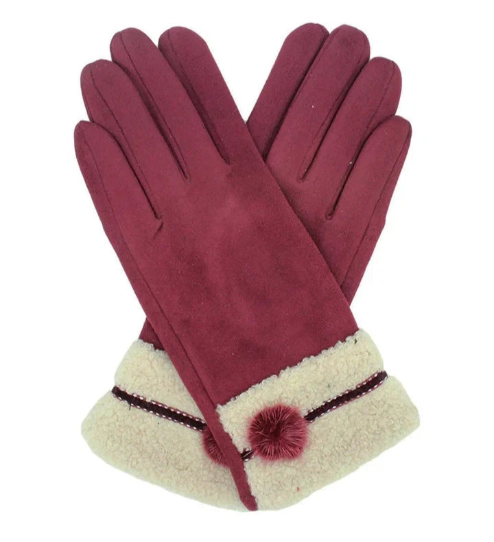 Women's Fleece Lined Cosy Winter Warm Gloves Ladies Faux Fur Cuffs Pom Pom Glove