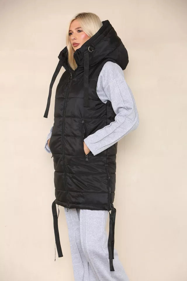 Women's Side Tassel Hooded Puffer Gilet Jacket Padded Waistcoat Body Warmer Side Pockets